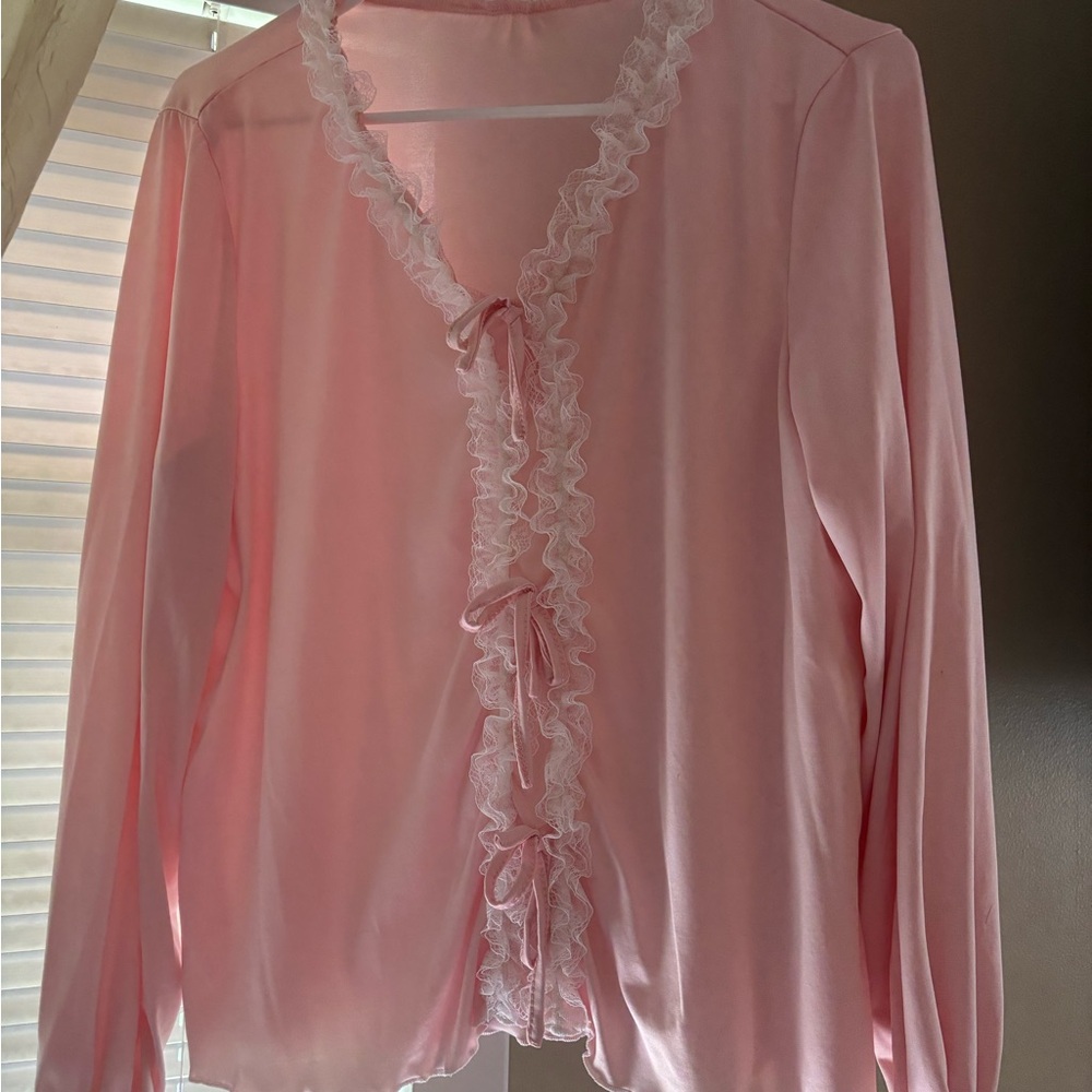 SHEIN Pink Lace-Trim Long Sleeve PJ set